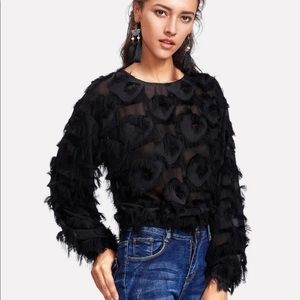 Black Fringe Patch Mesh Top